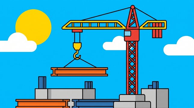 Cartoon tower crane at construction site with steel beams