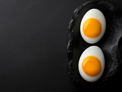 Two hard-boiled egg halves on black stone plate.