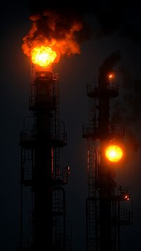 Two industrial towers with fire flares and smoke at night.