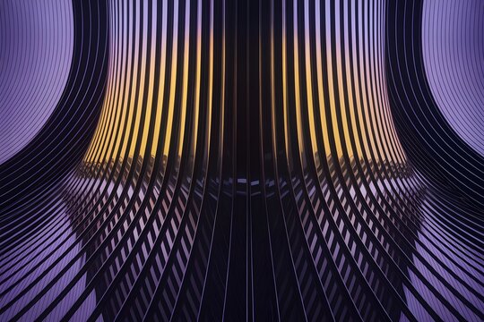 Abstract Futuristic Tunnel with Flowing Purple and Golden Curved Lines and Geometric Light Waves