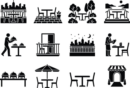 Set of restaurant and cafe icons featuring dining furniture and service symbols