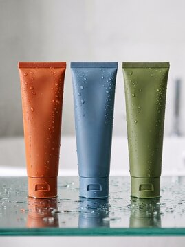 Three colorful cosmetic tubes with water droplets standing on a wet surface in a modern bathroom setting.