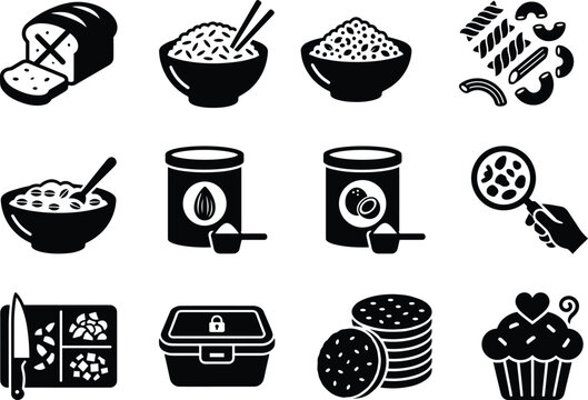 Set of food and kitchen related icon collection including bread rice pasta and groceries