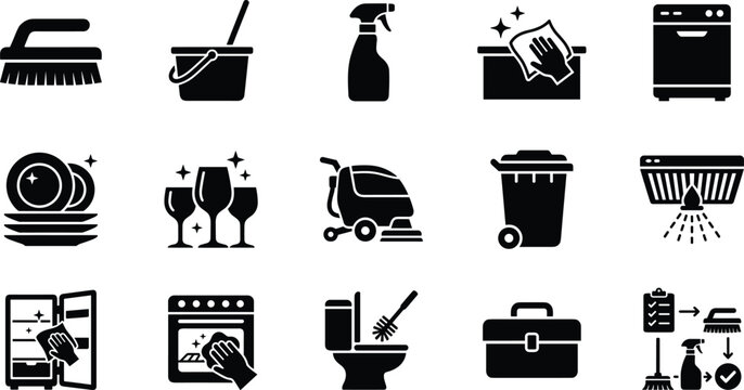 Set of black cleaning icons featuring various household equipment and maintenance tools