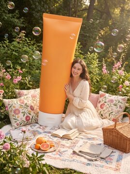 A woman on a picnic blanket in a garden with a giant orange tube, surrounded by bubbles and flowers.