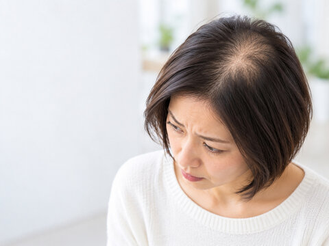 明るい室内で白いニットを着て斜め下を向く40代日本人女性が不安そうな表情で頭頂部の地肌が見えている