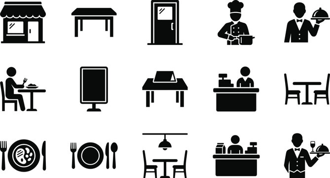 Set of restaurant and food service black solid vector icons