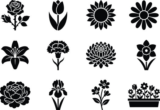 Set of black silhouette flower icons featuring various botanical garden plants