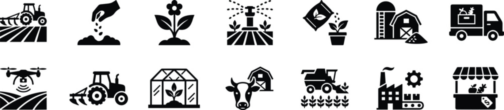 Set of black icons representing agriculture farming production and food supply chain logistics