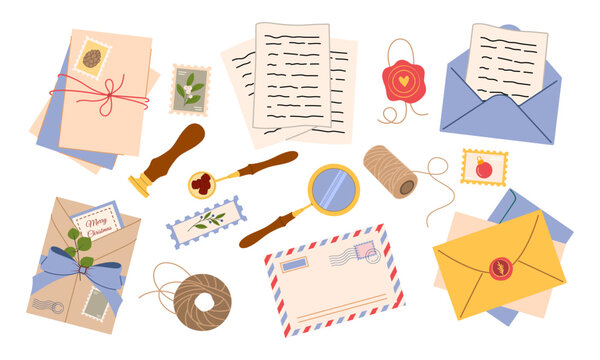 Collection of vintage letter writing and mailing elements including envelopes, letters, postage stamps, sealing wax, twine, magnifying glass and postal accessories. Colorful vector illustration.