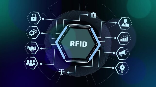 Advanced rfid technology digital interface concept featuring interconnected hexagonal data nodes, secure wireless communication networks, cyber security protocols, and modern corporate connectivity