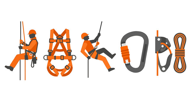 Industrial safety harness and rope access equipment set, professional climbing gear icons, orange high-visibility work safety vector