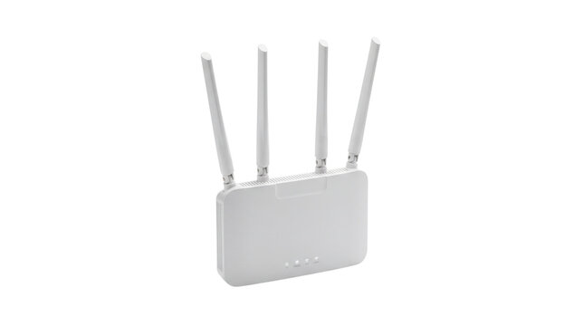 Modern white wifi router with four antennas, high speed wireless network equipment for home and office internet connection isolated PNG with Transparent Background