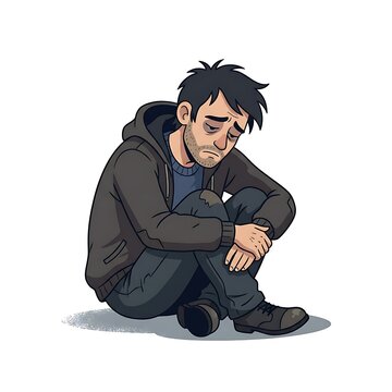 Sad young man sitting alone on ground with head down in sorrow