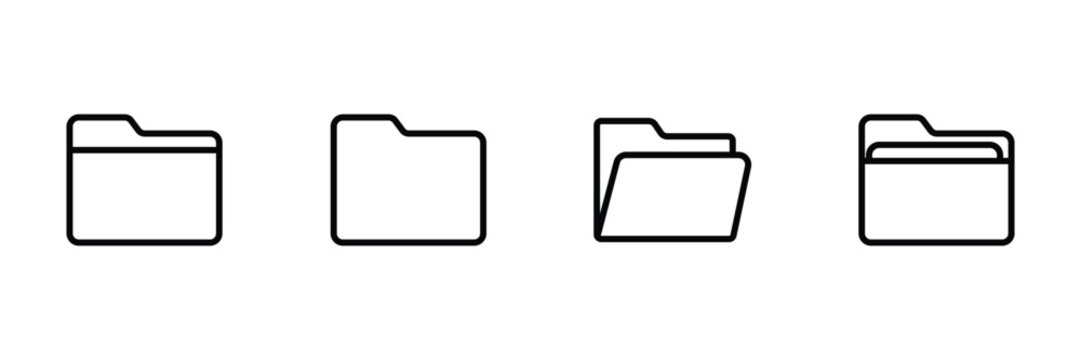 Folder icon set, file document directory archive storage open outline vector art illustration symbol.