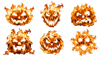 Scary Halloween pumpkin fire faces on a transparent background © Theresa
