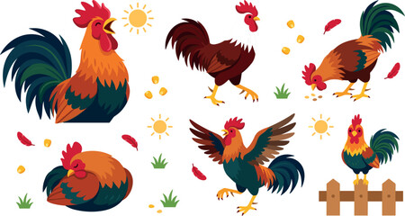  Colorful Farm Rooster Character Vector Icon Set with Crowing Cockerel, Pecking Seeds, Flapping Wings, and Sitting on Wooden Fence Scenes. © MstAnzu