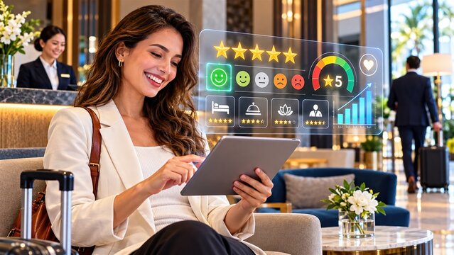 Woman checking hotel experience ratings and guest feedback on tablet device in luxury lobby