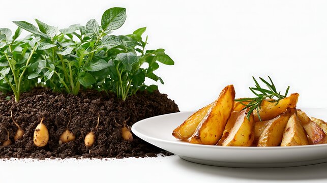  plants above the soil and small potato tubers attached to underground stolons, beside a white ceramic plate of golden roasted potato wedges with rosemary