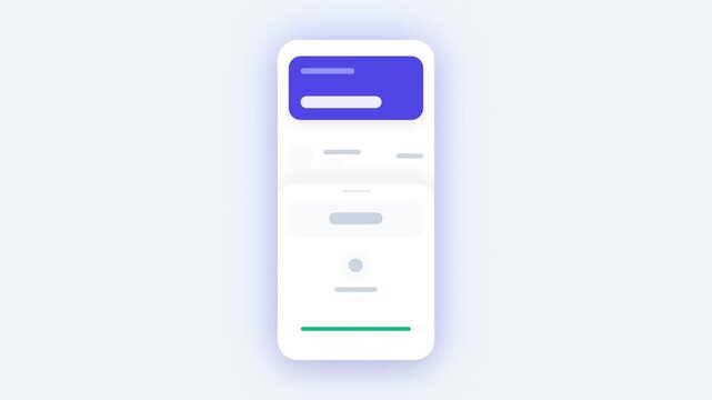Dynamic UI Mockup Animation, showing mobile interface elements loading and confirming success with a checkmark, presented on a clean white background with soft glowing light