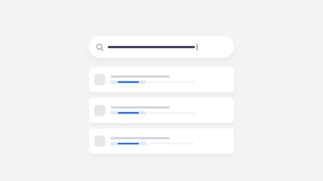 Dynamic search bar animation with loading progress and suggested results appearing, symbolizing online research, data discovery, and information retrieval, for digital interfaces and user experience