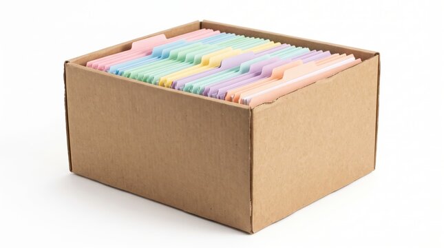 Cardboard box filled with colorful hanging file folders for office organization and storage