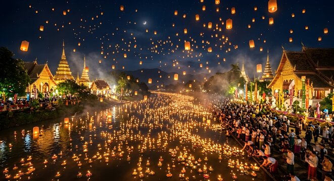 Sky lanterns and floating krathongs illuminate the night sky and river during Yi Peng and Loy Krathong festival in Thailand.