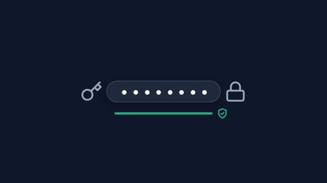 Animated login screen interface with password entry and security verification progress bar, symbolizing access, data protection, and system authentication, motion graphic