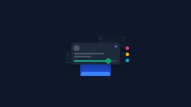 Dynamic print queue animation with progress bars and completion checkmark, transitioning to multiple document outputs on a dark background, symbolizing efficient processing, task management