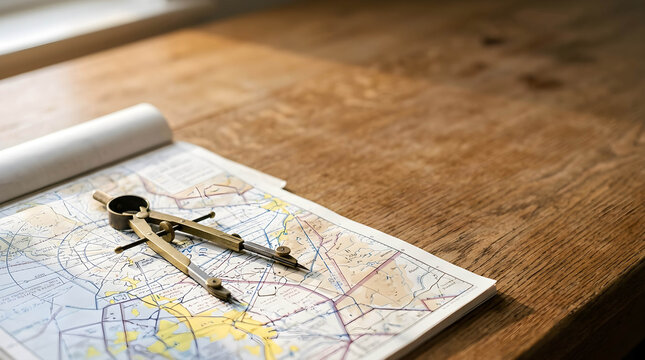 Vintage travel map with precision compass and pencil tools on wooden surface, concept for aviation planning, navigation design, and adventure preparation