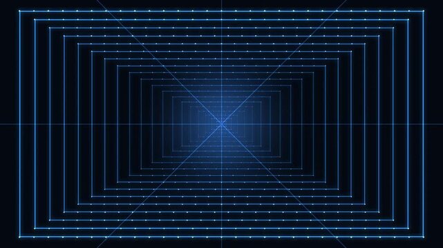 Glowing blue wireframe rectangular grid tunnel zooming forward in infinite perspective space loop.