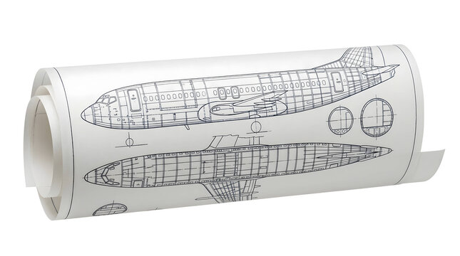 Detailed vintage aviation blueprint roll showcasing twin-engine aircraft design, concept for travel inspiration, aviation history education and aircraft engineering tools