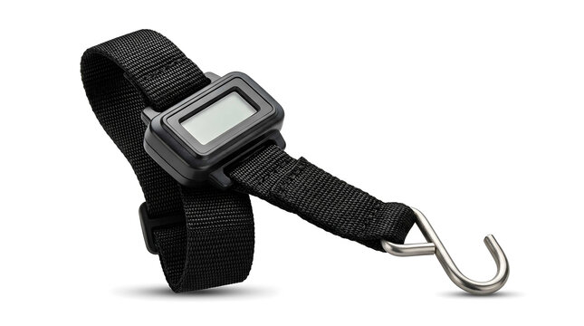 Sleek black wrist-mounted digital device with secure strap and carabiner hook, concept for travel security, aviation safety tools, and stylish personal apparatus
