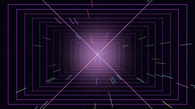 Retro 80s synthwave rectangular grid tunnel zooming forward with fast colorful neon light streaks.