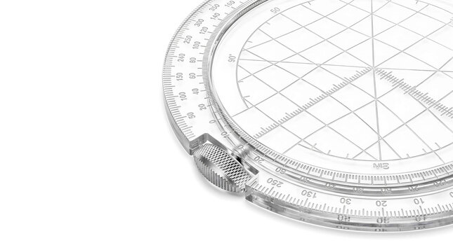 Precision-engineered vintage protractor close-up on white background, concept for aviation navigation tools, travel planning, and technical apparatus design