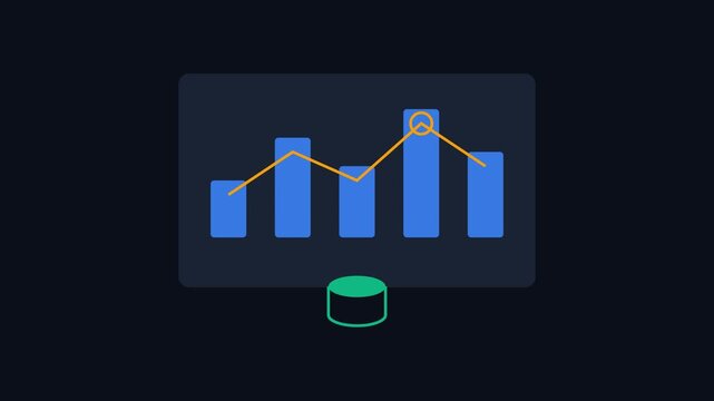 Dynamic animated bar graph with fluctuating line chart and database icon, showcasing data analysis, financial growth, and information management, symbolizing technology and business intelligence
