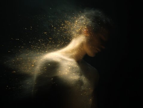 Surreal portrait of a figure dissolving into golden particles and dust for abstract quantum consciousness background and science concept