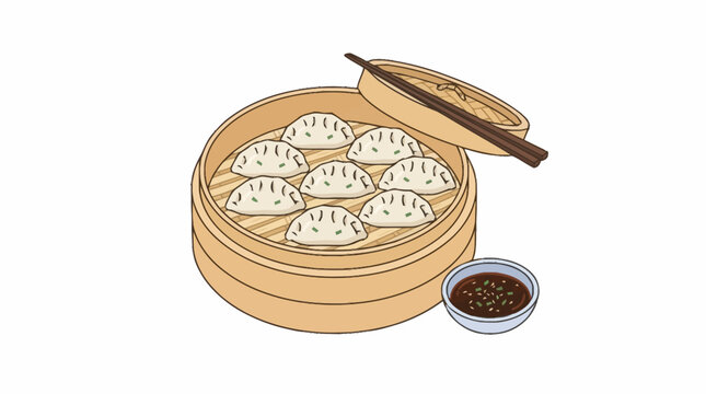 A bamboo steamer with dumplings, dipping sauce, and chopsticks