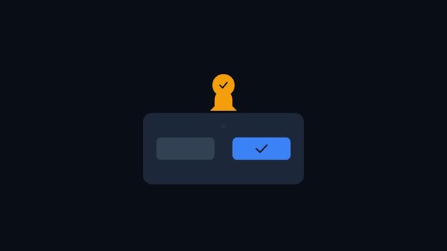 Dynamic notification interface animation with alert bell icon and selectable button, transitioning to a checkmark confirmation, representing digital alerts, user choices, and successful actions