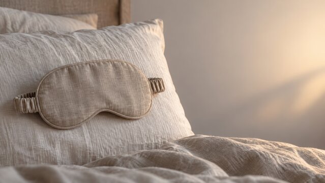 Linen eye mask on a pillow in a calm bedroom