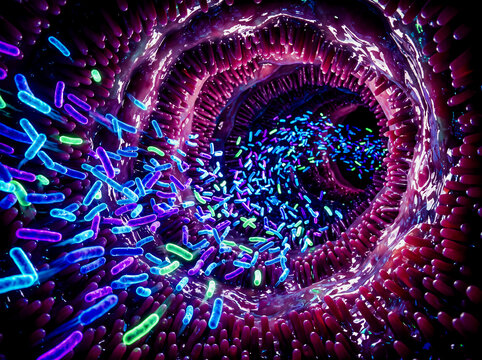 3d render of human gut microbiota and intestinal villi inside the digestive tract