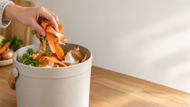Hand placing vegetable scraps in a kitchen compost container