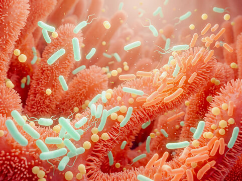 3d render of intestinal villi with gut microbiota and bacteria