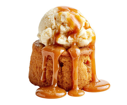 Sticky toffee pudding with vanilla ice cream scoop and caramel sauce isolated on white background