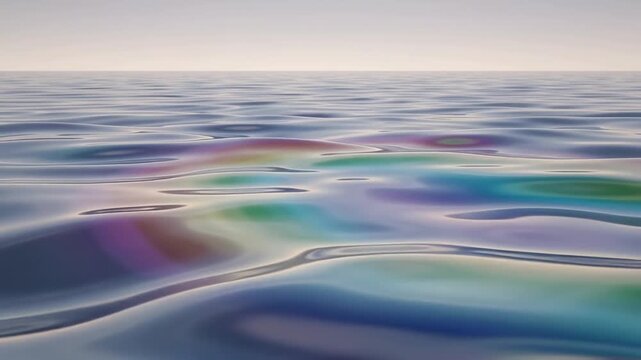 Abstract view of iridescent oil slick floating on the surface of calm water.