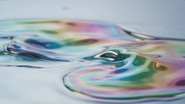 Abstract macro shot of iridescent oil slick floating on a water surface with colorful reflections.
