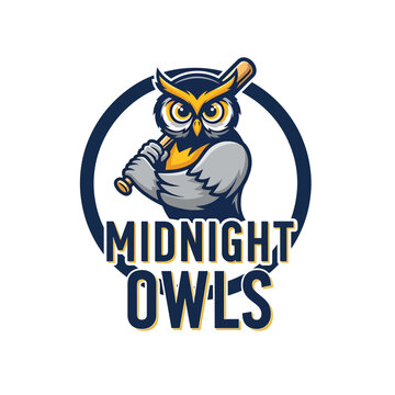 Cartoon Owl Holding Baseball Bat Logo.