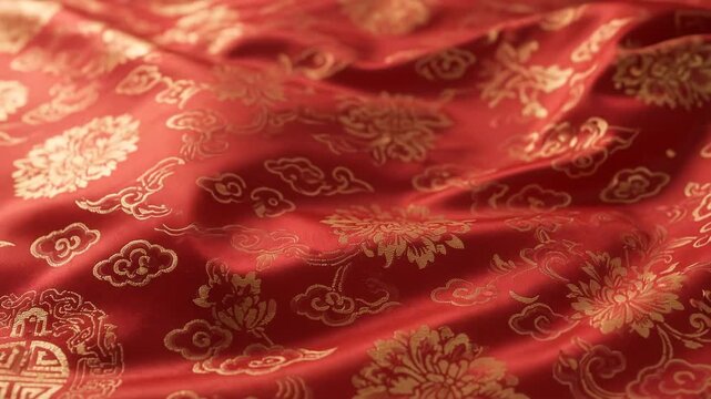 Elegant red silk fabric with traditional golden oriental pattern and soft folds.