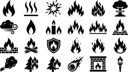 Obraz premium Fire flames combustion hazards and forest fire black silhouette vector icon set isolated on white background