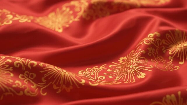 Elegant red silk fabric background with intricate gold floral embroidery patterns.